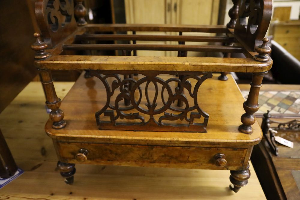 A Victorian burr walnut music Canterbury-cum-whatnot, fitted drawer to base, width 60cm depth 40cm height 105cm